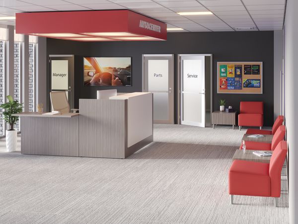 10500 Reception Station with Flock Chairs and Tables.