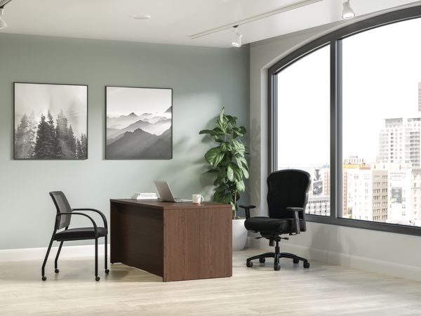Mod desk in Sepia Walnut with Wave big & tall chair and Ignition seating