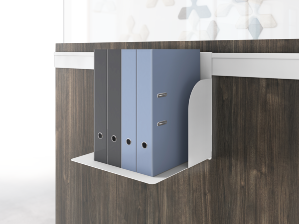 Gallery panel binder shelf hanging on an accessory rail.