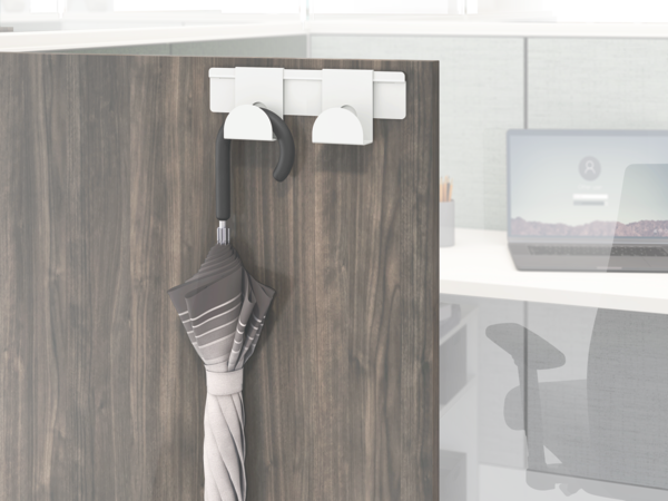 Gallery panel hook holding a hanging umbrella.