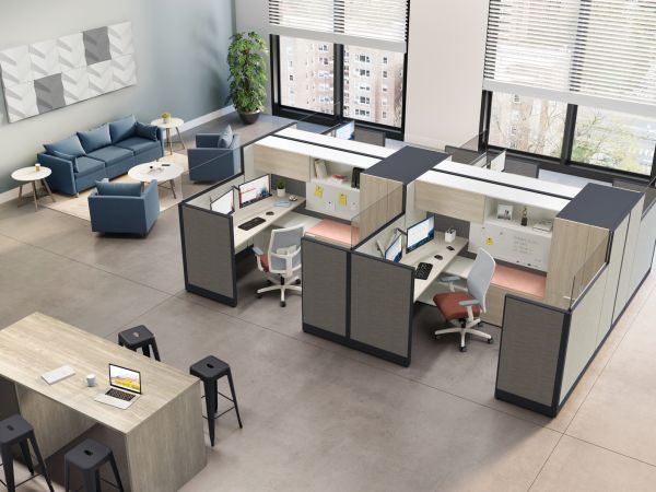 Accelerate cubicle workstations in open space with collaborative table and lounge seating.