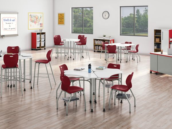 SmartLink Student Desk, Teacher Desk, Chairs, Stools, and Wall Rail System with Class-ifi Storage.