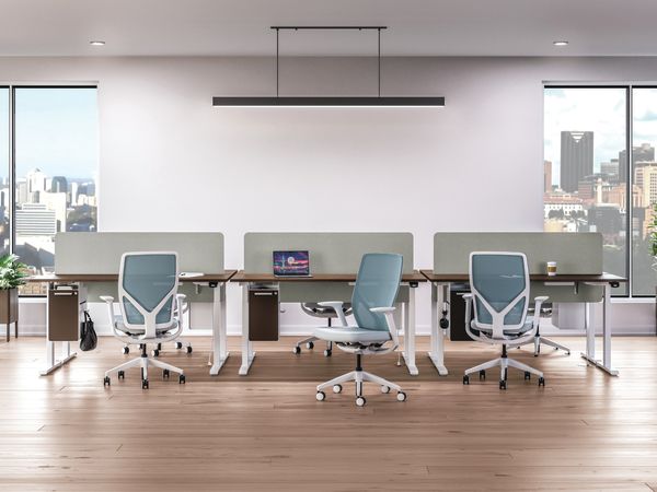 Row of 2 height adjustable workstations with Flexion task seating.
