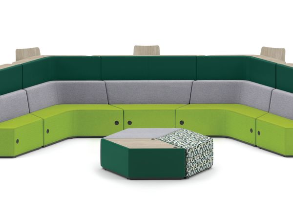 Tangram Bistro Back "campfire" vignette with Tangram Diamond Ottomans and Flock Stools.