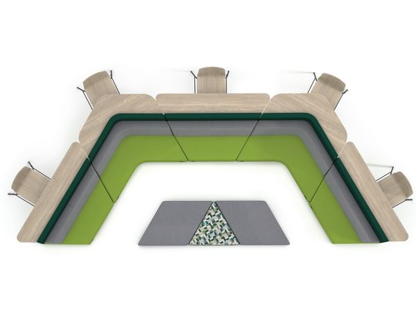 Tangram Bistro Back "campfire" vignette with Tangram Diamond Ottomans and Flock Stools.