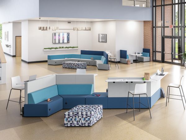 Tangram Bistro-backs with Tangram chairs and ottomans, Birk table, and Ruck stools.