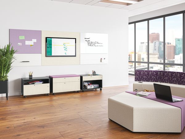 Contain credenzas with Tangram lounge seating  and Workwall