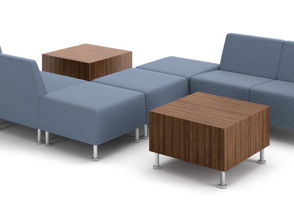 Flock modular chais in a zig-zag setting with cube tables.