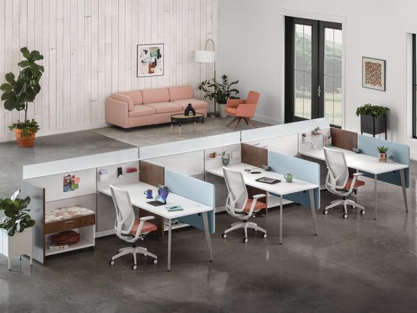 Flexion Seating with Abound Workstations, Contain Mobile Credenzas, Sculpt planters and Pill Table, West Hill and Mav Collaborative Seating