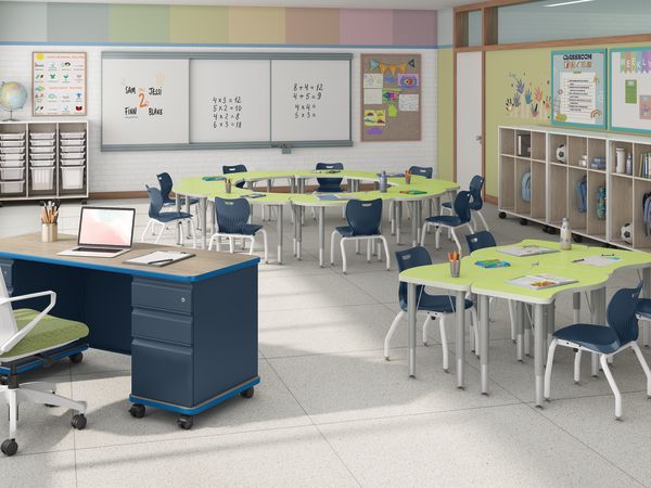 SmartLink Teacher Desk, Chairs, and Wall Rail System with Class-ifi Storage.