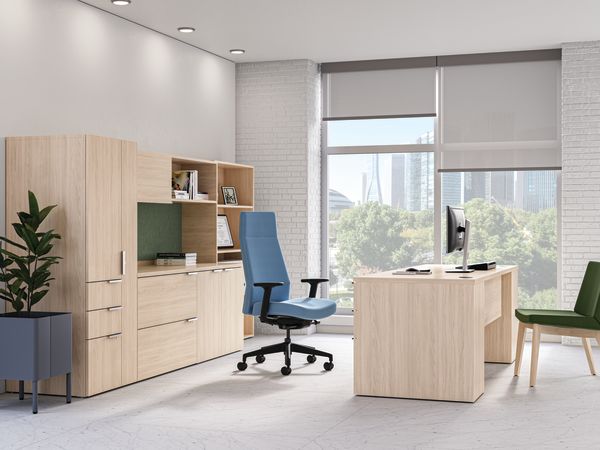 Cofi Exectuive Chair with Voi Desk and Flock Guest Chair.