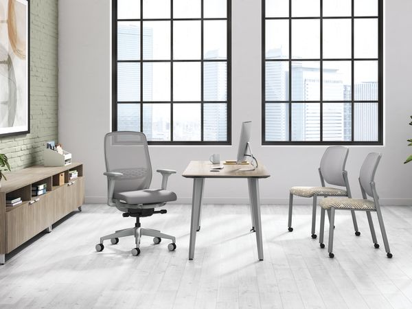 A private office setting featuring Nucleus task and guest seating with Voi desk and storage.
