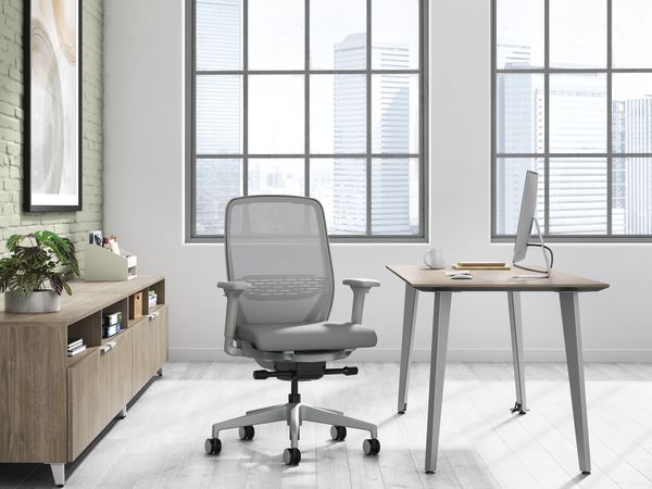 A private office setting featuring Nucleus task seating with Voi desk and storage.