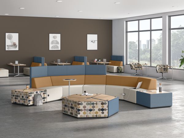 A café/commons environment featuring Tangram and Flock seating with Birk and Preside tables.