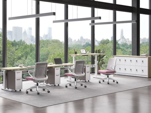 Cliq chairs with Fuse and contain storage and Empower height adjustable workstations.