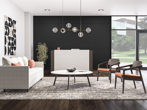 Confer guest chairs with Three Seat West Hill lounge and Scramble Laminate Knife Edge Coffee Table.