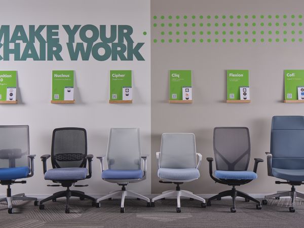 Ignition, Nucleus, Cipher, Cliq, Flexion, and Cofi tasks chairs lined up on chair wall. 
