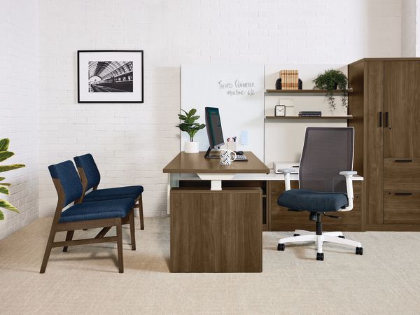 Confer chairs with 10500 desks. Workwall and Ignition task chair 