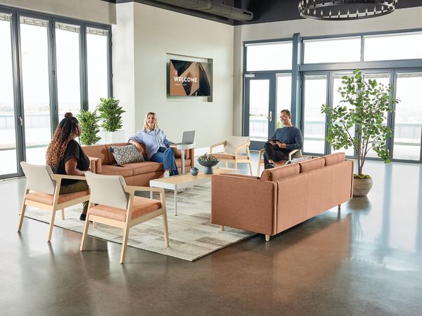 Confer chair with West Hill sofas and Sculpt tables 