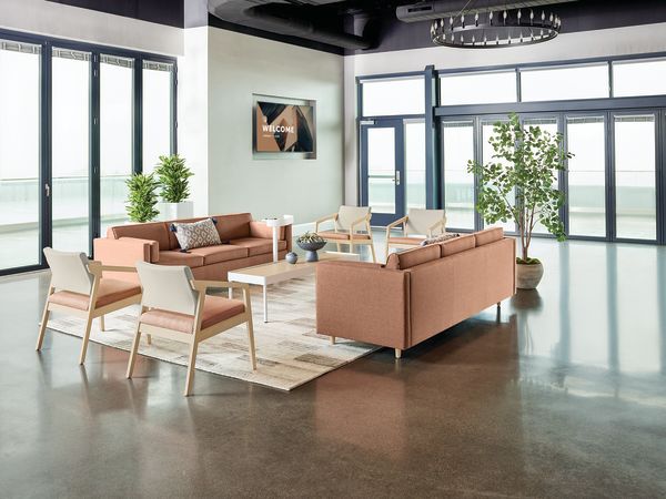 Confer chair with West Hill sofas and Sculpt tables 