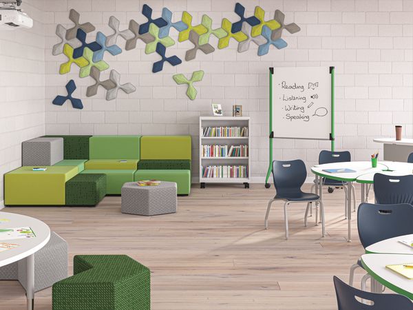 Classroom featuring HON Tangram reading nook near SmartLink student chairs and Build desks. 