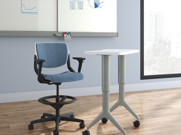 Classroom view of Motivate flex-back task stool with presentation cart