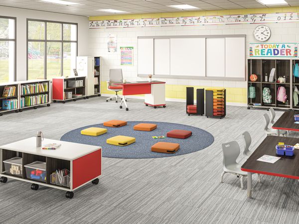 Class-ifi Storage with Confetti Floor Cushions and Storage Cart, Build Tables, Cipher Task Chair, and SmartLink Chairs, Teacher Desk, and Wall Rail System.