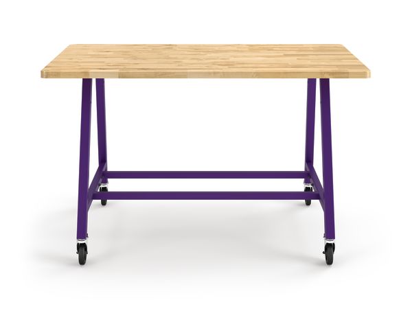 Front View of Butcher Block Standing-Height Build Table with Purple Legs