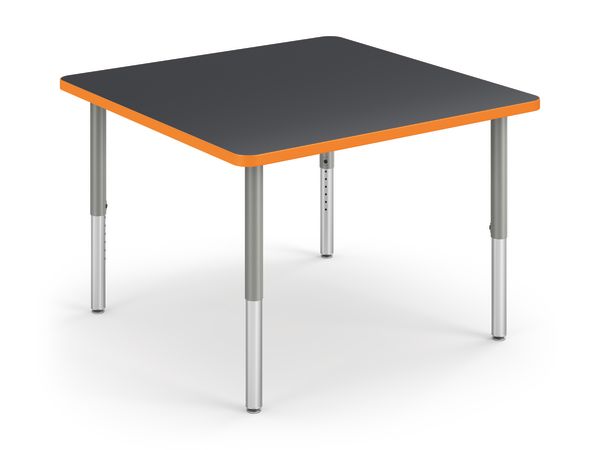 Right 3/4 View of Charcoal Square Build Table with Orange Edge Band