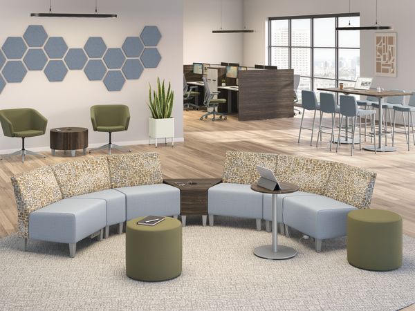 Collaborative area featuring Flock modular seating in a curved layout. 