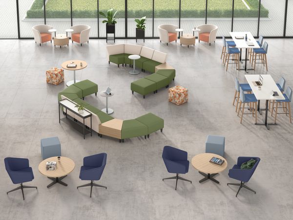 Bird's eye view of Flock seating and tables with sculpt planters in an open space.