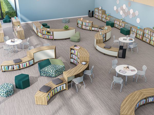 Top-down view of Storyline bookcases and bistro tables in unique configurations throughout a  library.