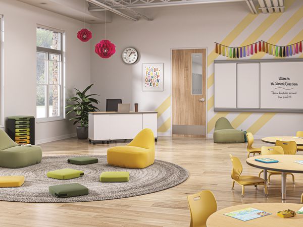 Confetti Floor Lounge and Floor Cushions with Confetti Storage Cart, Build Tables,  Cipher Task Chair, and SmartLink Teacher Desk, Chairs, and Wall Rail System.