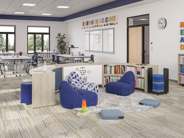 Classroom with Storyline nook featuring Confetti lounge chairs and floor cushions.