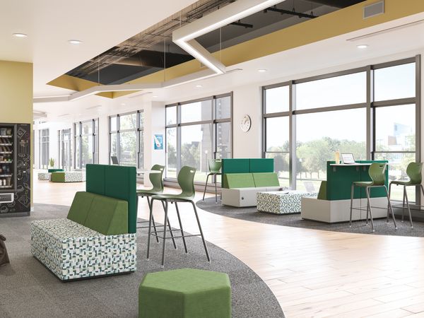 Tangram Bistro-backs with Tangram pouf and ottomans, and SmartLink stools.