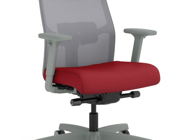 Task chair with red fabric, grey mesh and titanium frame