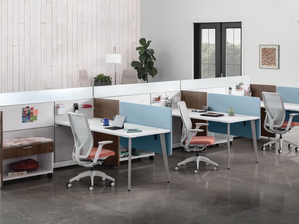Flexion Seating with Abound Workstations, Contain Mobile Credenzas, Sculpt planters, West Hill and Mav Collaborative Seating