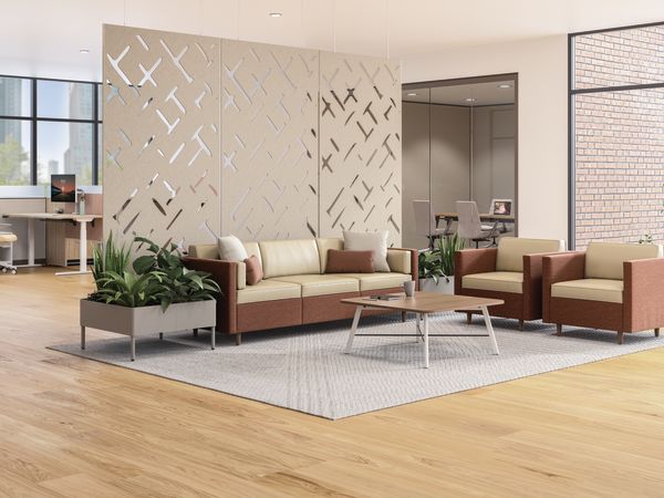 West Hill lounge with Scramble table, Sculpt planters, and acoustic hanging screen.