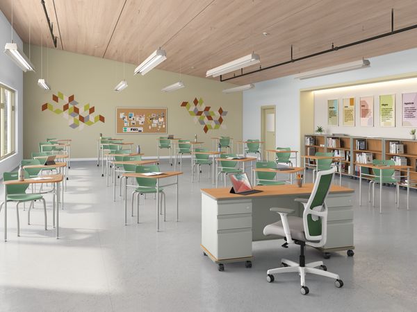 Classroom with triangle SmartLink desks and green student chairs