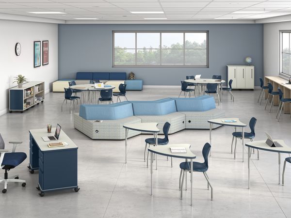 Study hall classroom with Build student desks, blue SmartLink chairs, and soft seating.