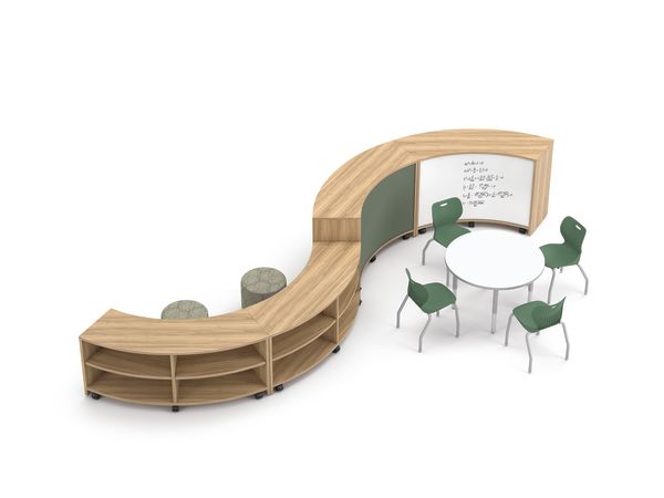 Storyline Curved Bookcases with Flock Seating. Build Table with green SmartLink Chairs