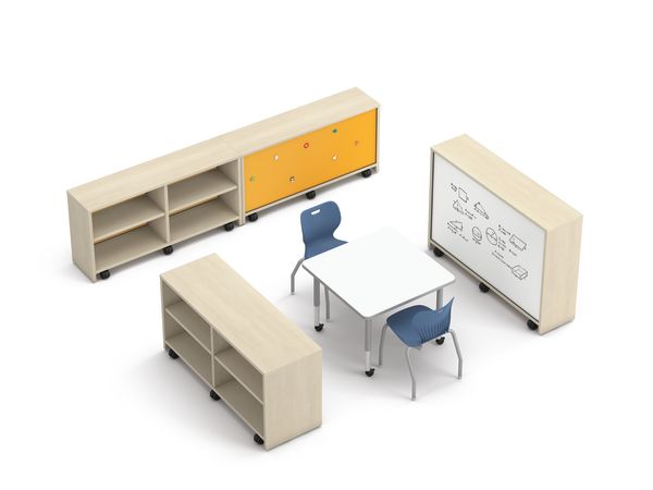 Storyline Bookcases in a Collaborative Setting. Build Table with Blue SmartLink Seating