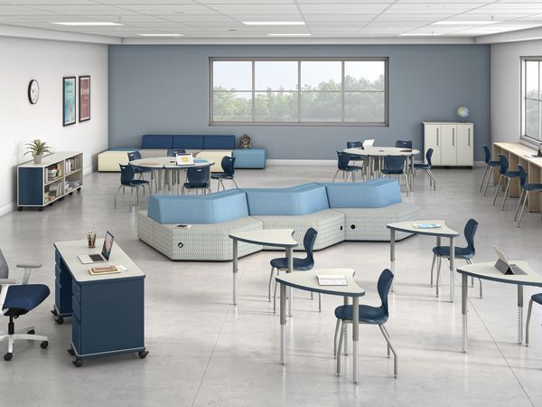 Study hall classroom with Build student desks, blue SmartLink chairs, and soft seating.