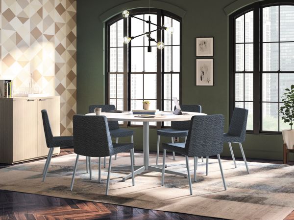 Preside mobile collaborative table with butcherblock top and Flock seating