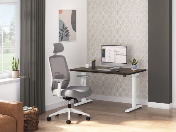 Grey Altern chair at a dark laminate Height-Adjustable Coze desk in a home office.