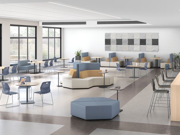 Cafe space with blue Etch seating and Tangram