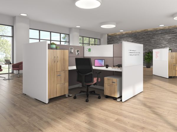 Abound workstation with Gallery Panels, and Contain storage with digital locks.