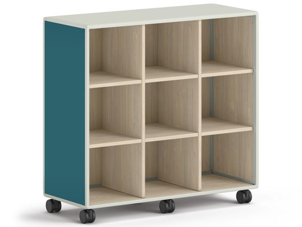 Mobile storage unit with eight square cubbies and teal side panels.