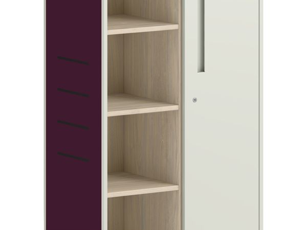 Tall mobile storage unit with open shelves and single door in white and plum finish.