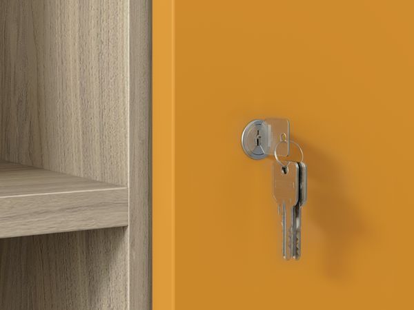 Close-up of silver keys in lock on orange cabinet door with wood shelving.